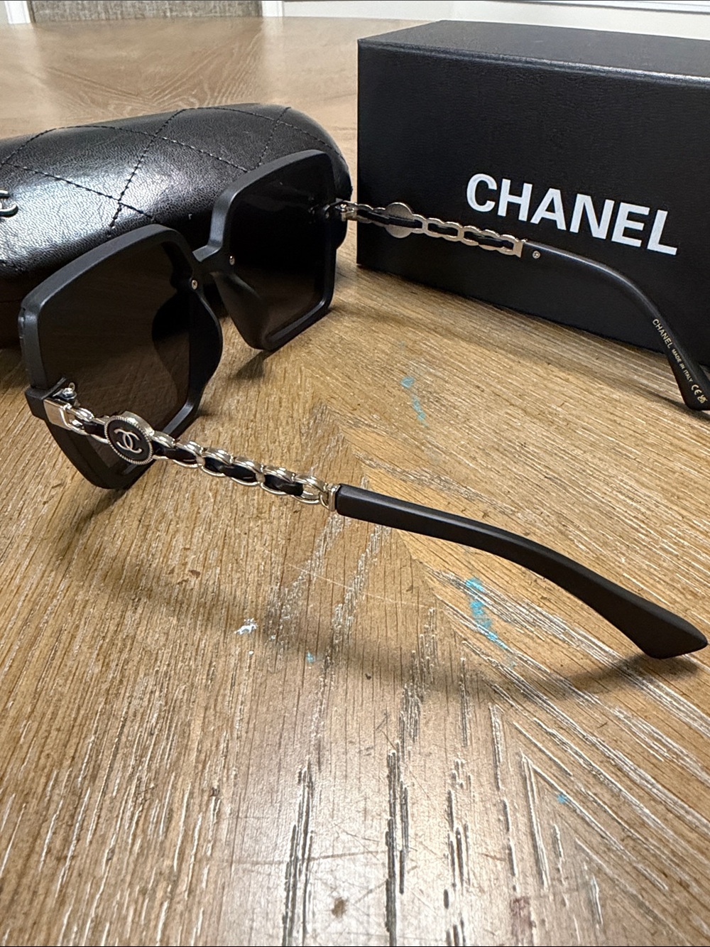 CHANEL Black Square Sunglasses with Silver CC Temples - Picture 8 of 9